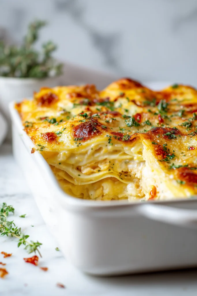 In-process image of Salsa Verde Chicken Casserole being layered in a dish with tortillas, creamy chicken, salsa verde, and cheese.