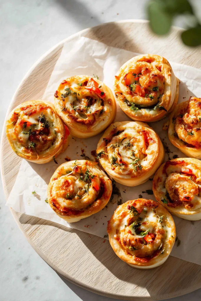 Golden Savory Vegan Pizza Rolls with gooey vegan cheese and bright pizza sauce on parchment paper.