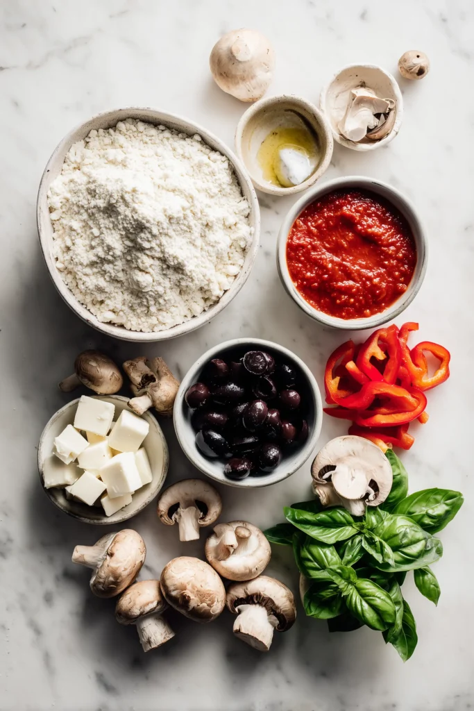 Overhead image of flours, pizza sauce, vegan cheese, and colorful veggies for Savory Vegan Pizza Rolls on a white marble background.