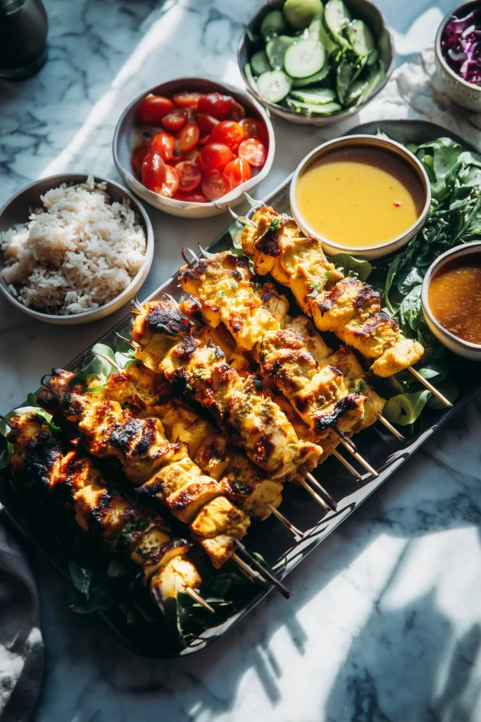 A sharing platter of Bang Bang Chicken Skewers with dipping sauces, fresh veggies, and rice for a welcoming meal.