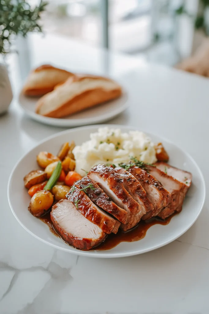 Slow Cooker Pork Loin with Balsamic Glaze 4 Sliced Slow Cooker Pork Loin with Balsamic Glaze served with mashed potatoes, roasted vegetables, and bread on a marble surface.