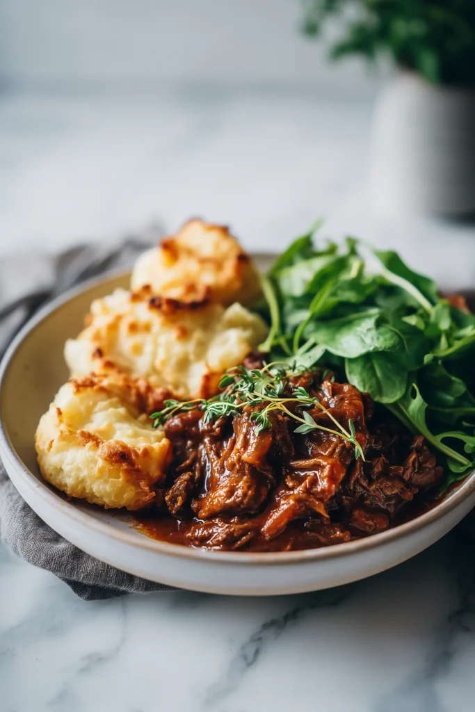 Irresistible French Onion Beef Sloppy Joes 4 French Onion Beef Sloppy Joe on a plate with mashed potato cheese puffs and salad, bright and appetizing.