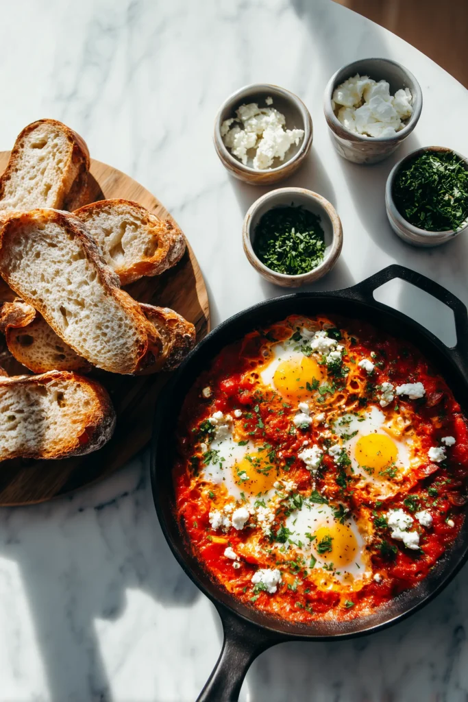 Overhead shot of shakshuka in a skillet, surrounded by bread, herbs, cheese, and fresh brunch sides.