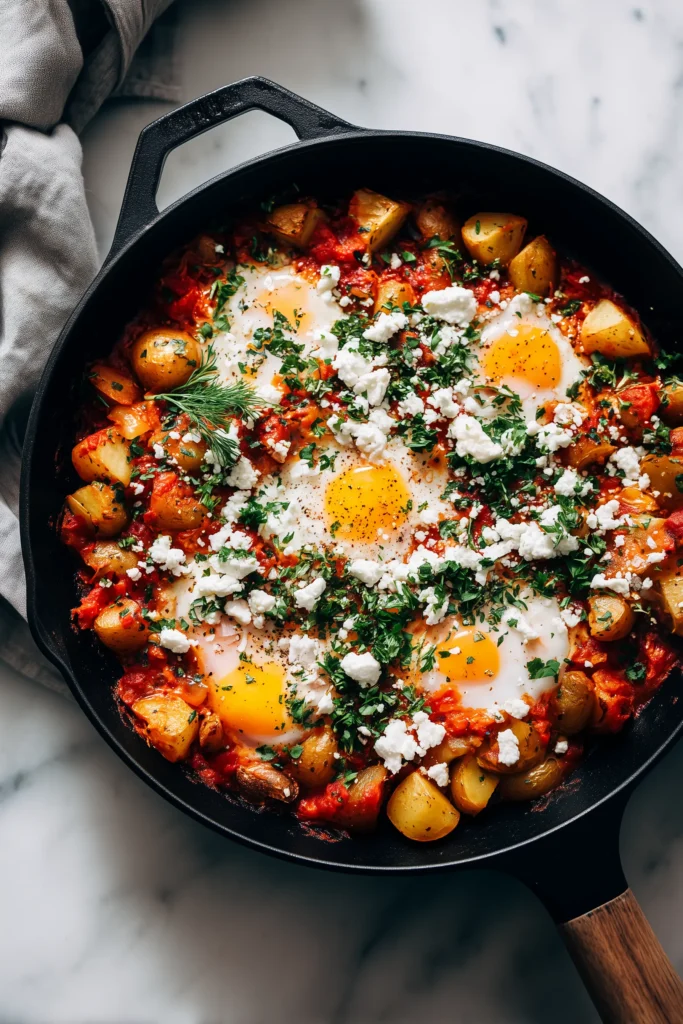 A close-up view of shakshuka with eggs in tomato and pepper sauce, golden potatoes, and herbs in a bright kitchen setup.