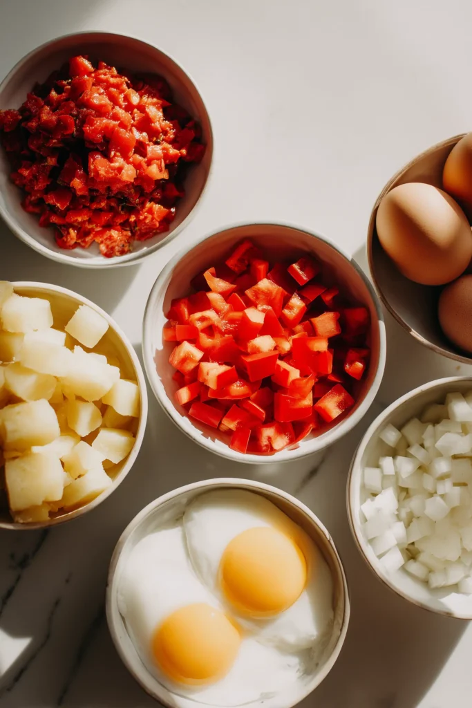 Bright bowls of shakshuka ingredients including eggs, tomatoes, bell peppers, and potatoes arranged on a marble background.