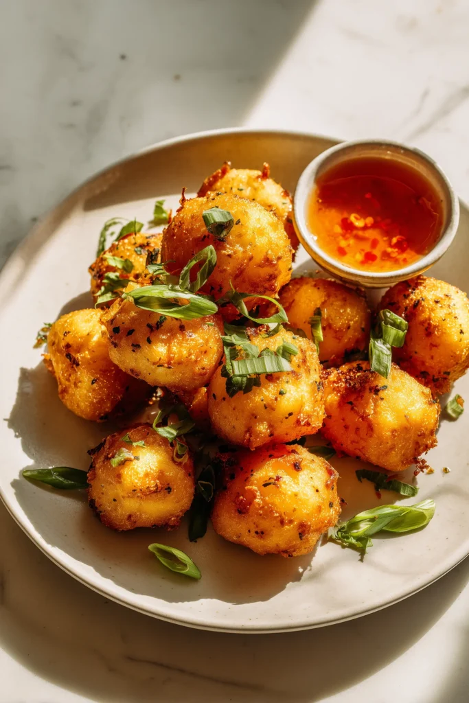 Golden shrimp balls from the Shrimp Balls Recipe on a white plate with green onions and dipping sauce.