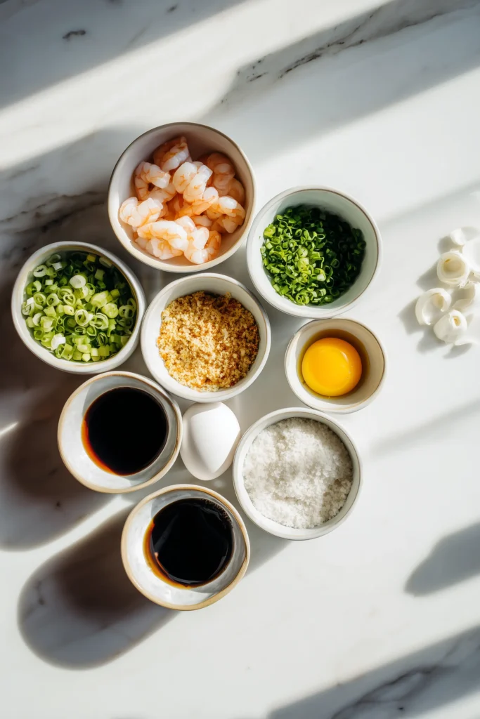 Shrimp Balls Recipe: Crispy, Juicy & Easy to Make at Home 2 Fresh ingredients for the Shrimp Balls Recipe arranged in small bowls on a marble surface.