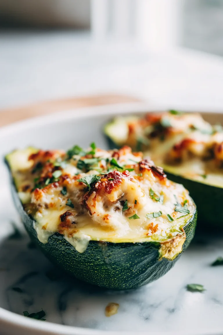 Close-up of Shrimp Zucchini Boats topped with golden cheese and herbs on a white plate.