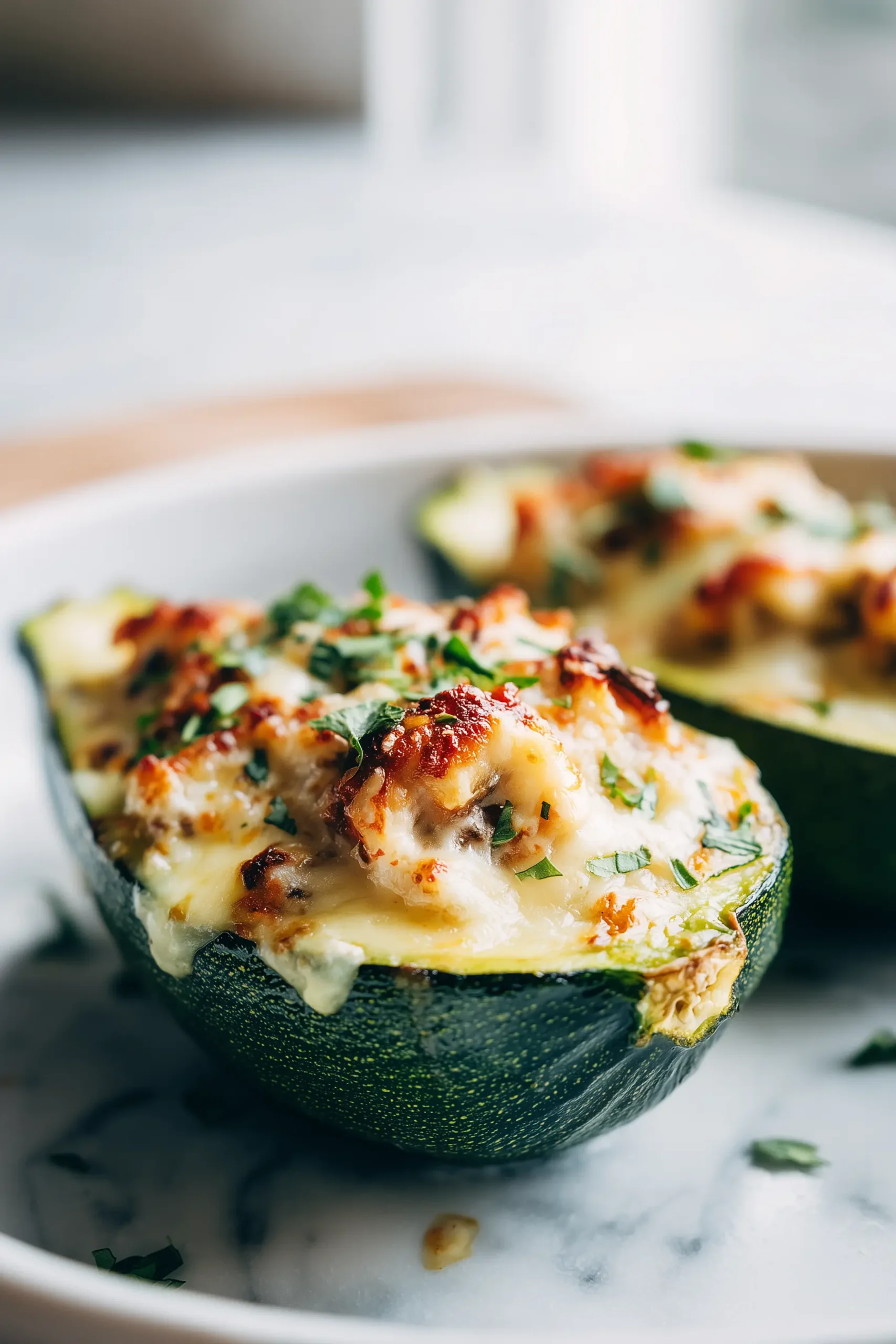 Close-up of Shrimp Zucchini Boats topped with golden cheese and herbs on a white plate.