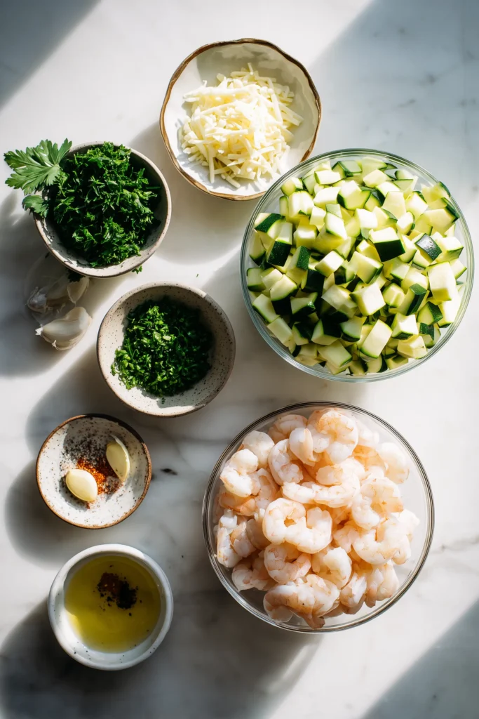 Shrimp Zucchini Boats 2 Flat lay of fresh shrimp, zucchini, cheese, and herbs arranged for Shrimp Zucchini Boats.