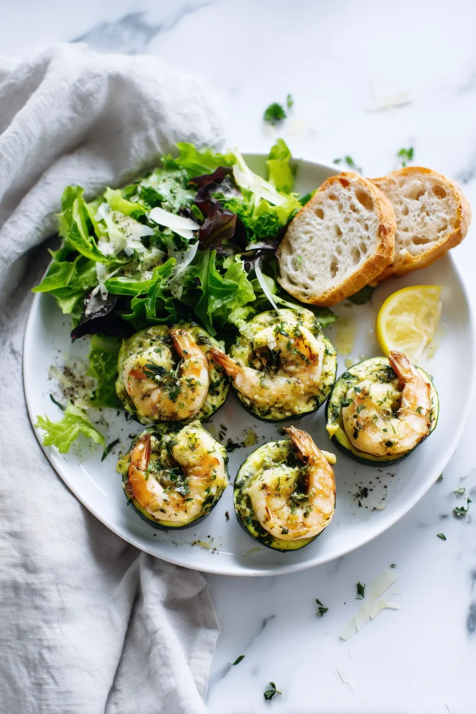 Shrimp Zucchini Boats 4 Shrimp Zucchini Boats served with salad and artisan bread on a bright plate.