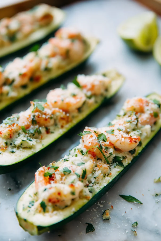 Shrimp Zucchini Boats 3 Hollowed zucchini halves on a baking tray are filled with shrimp mixture for Shrimp Zucchini Boats.