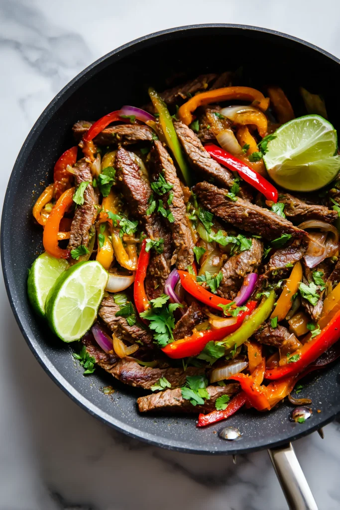 Skillet Steak Fajitas 1 A sizzling pan of Skillet Steak Fajitas with steak, peppers, and onions on a bright surface.