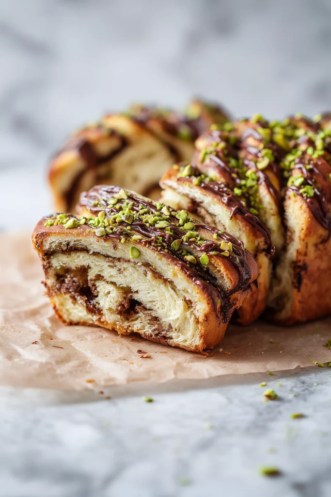 Several slices of Pistachio Chocolate Babka Pull-Apart showing layers of chocolate and green pistachios.