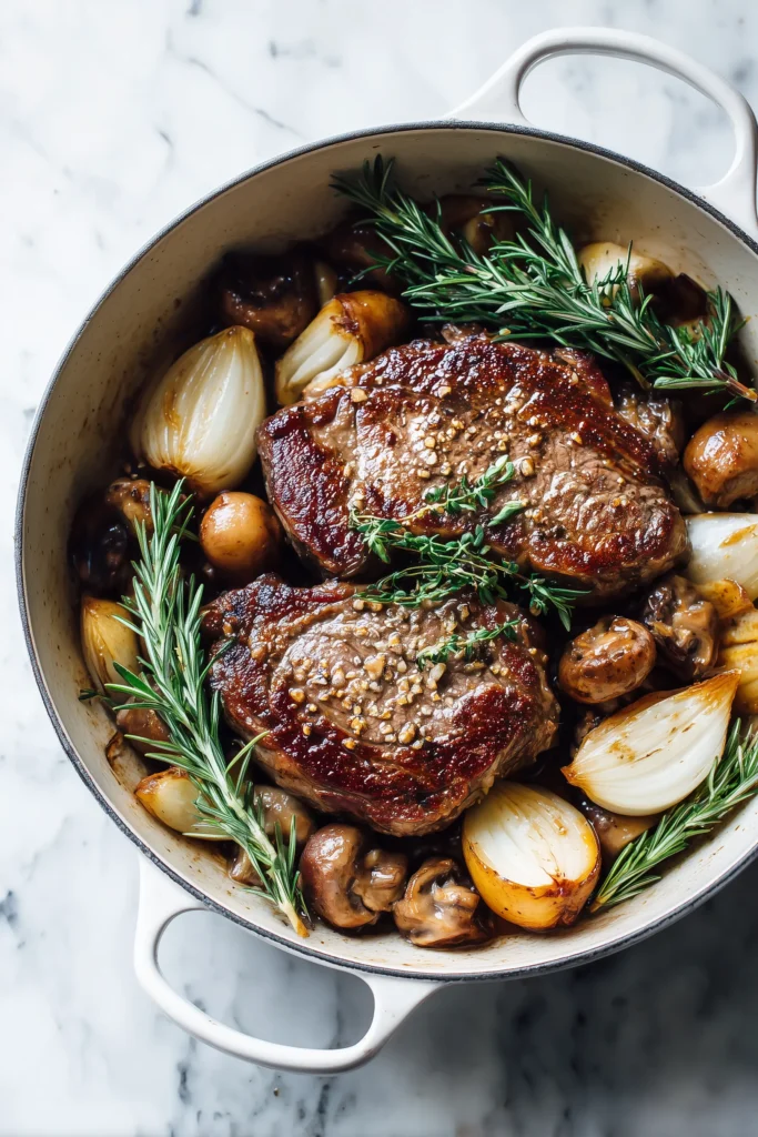 Beef, apples, mushrooms, and rosemary simmering together for Slow-Braised Beef with Apples, Mushrooms & Rosemary.
