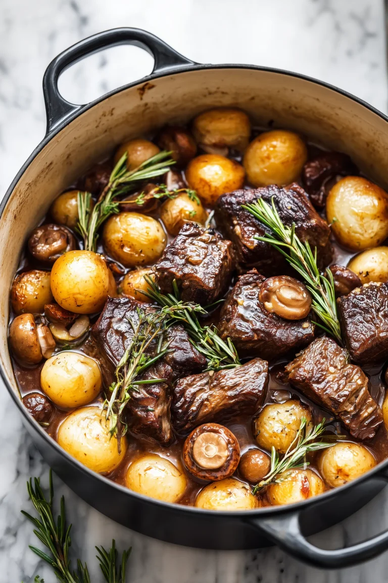 Tender Slow-Braised Beef with Apples, Mushrooms & Rosemary in a Dutch oven with apples, mushrooms, and fresh herbs.