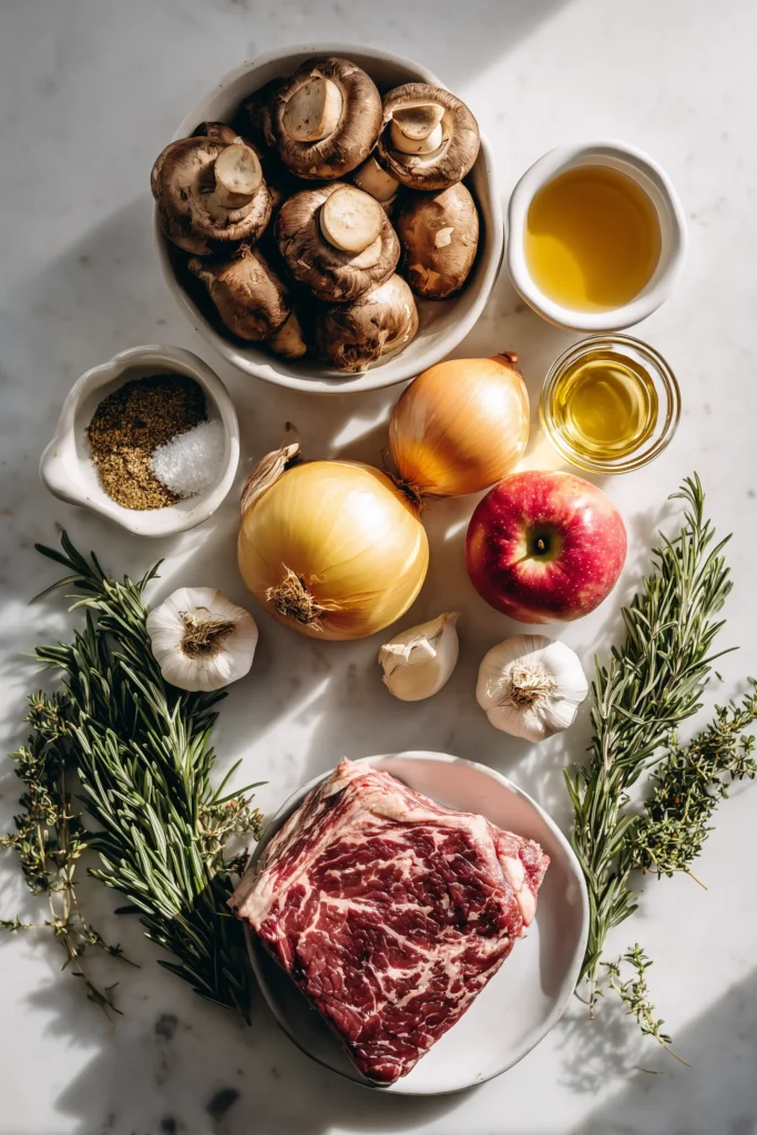 All ingredients for Slow-Braised Beef with Apples, Mushrooms & Rosemary displayed on a light background.