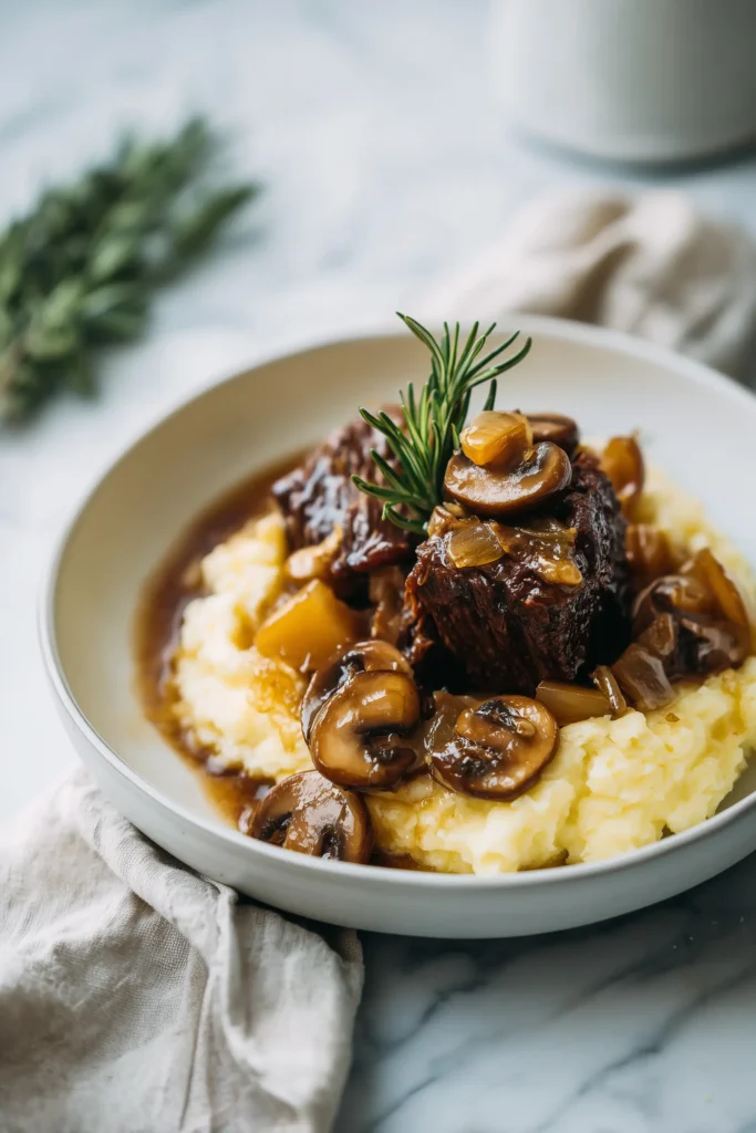 Slow-Braised Beef with Apples, Mushrooms & Rosemary served on mashed potatoes with rosemary garnish.