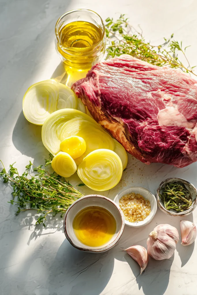 Slow Cooker French Onion Pot Roast 2 Display of Slow Cooker French Onion Pot Roast ingredients on a marble surface.