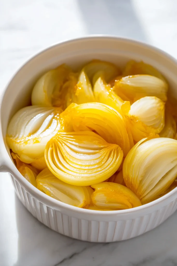 Slow Cooker French Onion Pot Roast 3 Slow cooker filled with caramelizing golden onions for French onion pot roast.