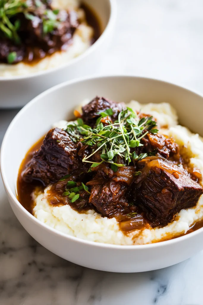 Slow Cooker French Onion Pot Roast 4 Slow Cooker French Onion Pot Roast and caramelized onions served on mashed potatoes in a white bowl.