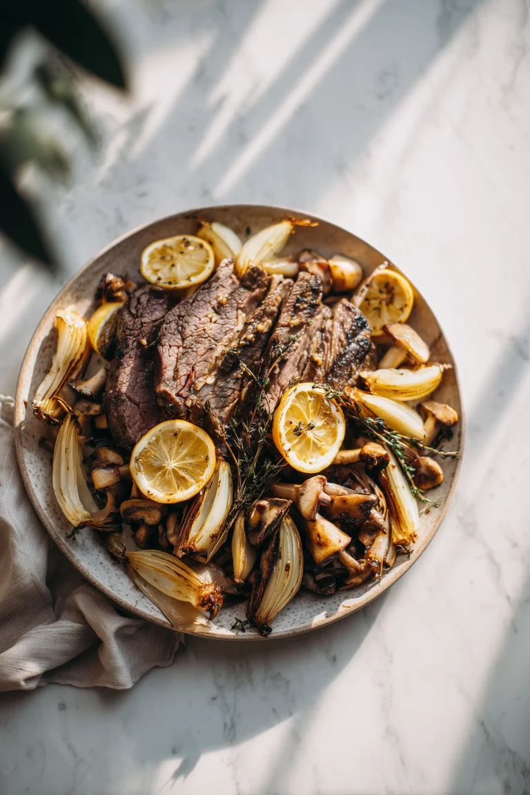 A platter of Slow-Roasted Mediterranean Lamb with Mushrooms featuring juicy lamb, roasted mushrooms, onions, and lemon on a light background.