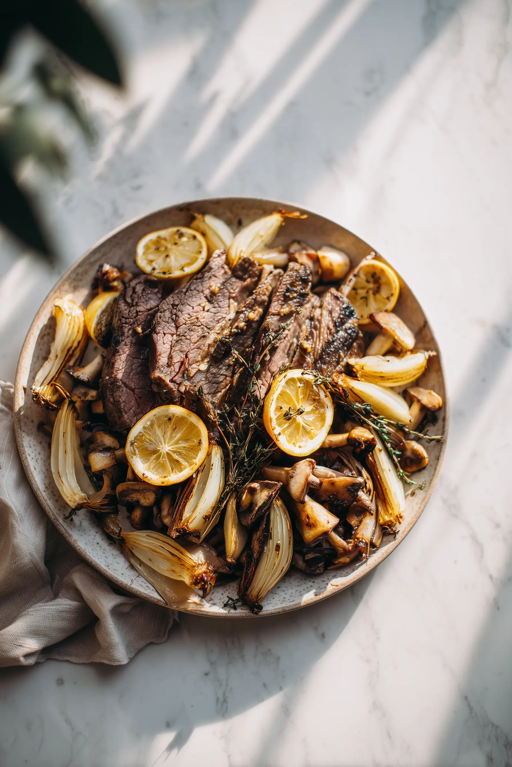 A platter of Slow-Roasted Mediterranean Lamb with Mushrooms featuring juicy lamb, roasted mushrooms, onions, and lemon on a light background.