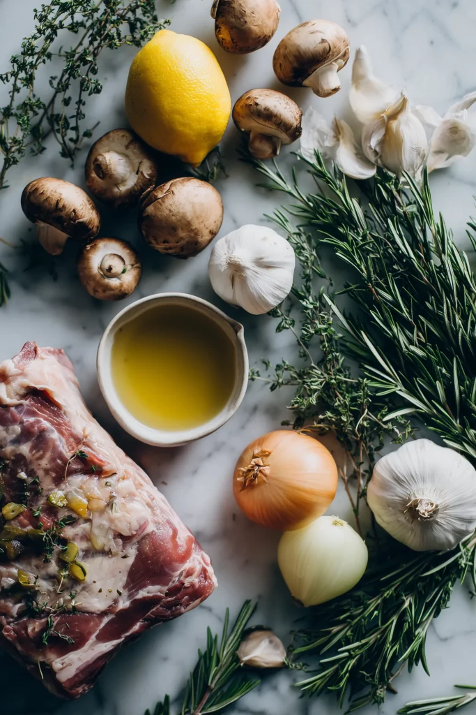 All ingredients for Slow-Roasted Mediterranean Lamb with Mushrooms displayed on a marble background.