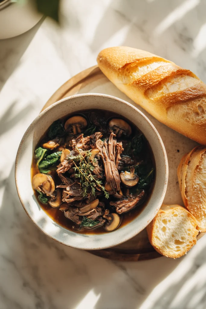 A bowl of leftover Slow-Roasted Mediterranean Lamb with Mushrooms and a slice of bread, ready to serve.