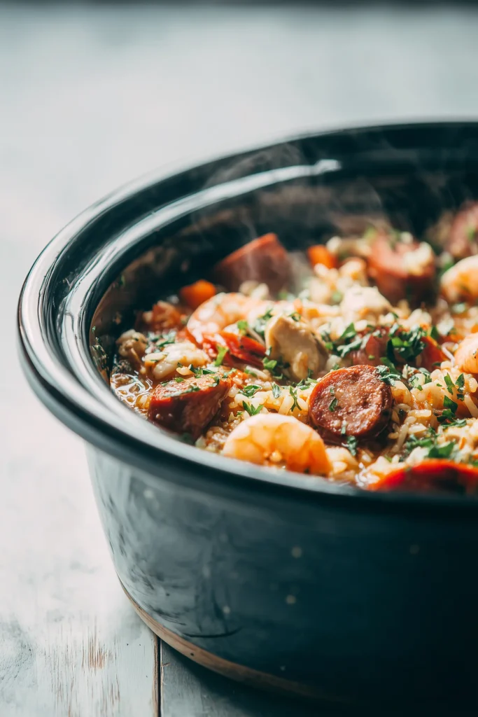 Slow Cooker Jambalaya Recipe 1 Slow Cooker Jambalaya Recipe simmering in a crockpot, packed with colorful meats, seafood, and vegetables.