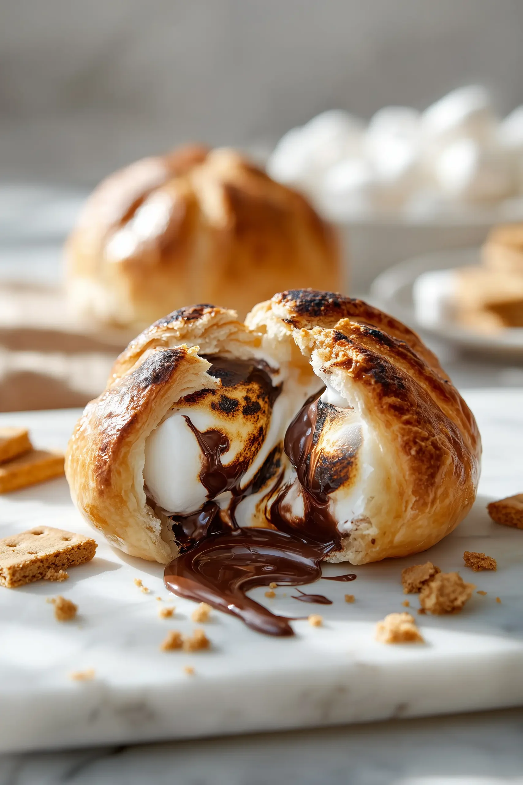 Buttery S'mores Hand Pies: A Gooey Dessert You Can't Resist 4 Golden S’mores Hand Pies broken open to reveal melted chocolate and marshmallow on a white marble surface.