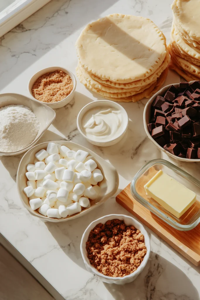 Buttery S'mores Hand Pies: A Gooey Dessert You Can't Resist 2 Overhead of S’mores Hand Pies ingredients—dough, chocolate, marshmallows, and graham crumbs on marble.