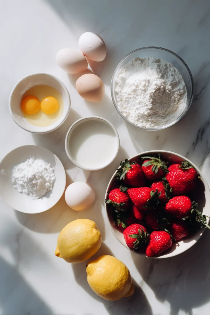 Flat lay of separated eggs, milk, flour, sugar, vanilla, lemon, and berries for Fluffy Japanese Souffl&eacute; Pancakes.