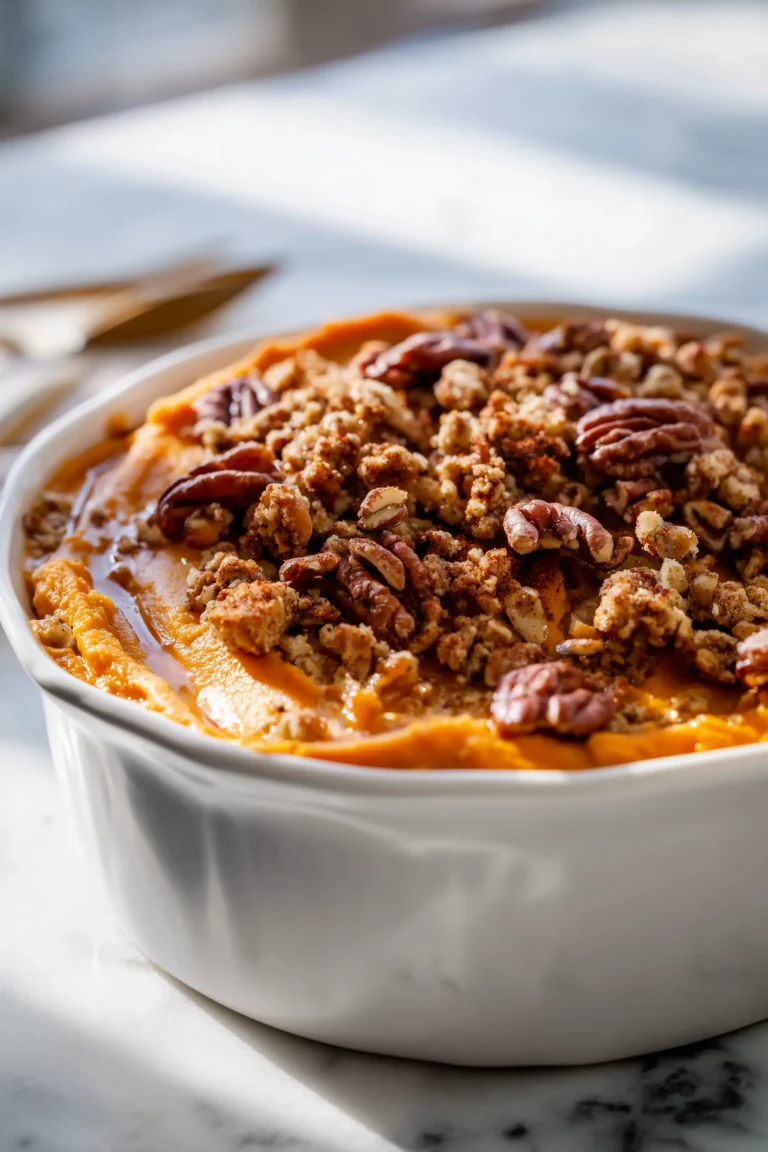Overhead image of Southern Maple Sweet Potato Casserole in a white dish, topped with pecan-oat crumble.