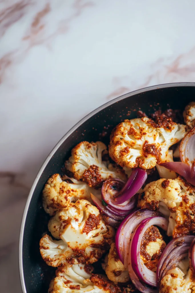 Golden roasted cauliflower and red onions with chipotle, ready for Spicy Chipotle Cauliflower Tacos.