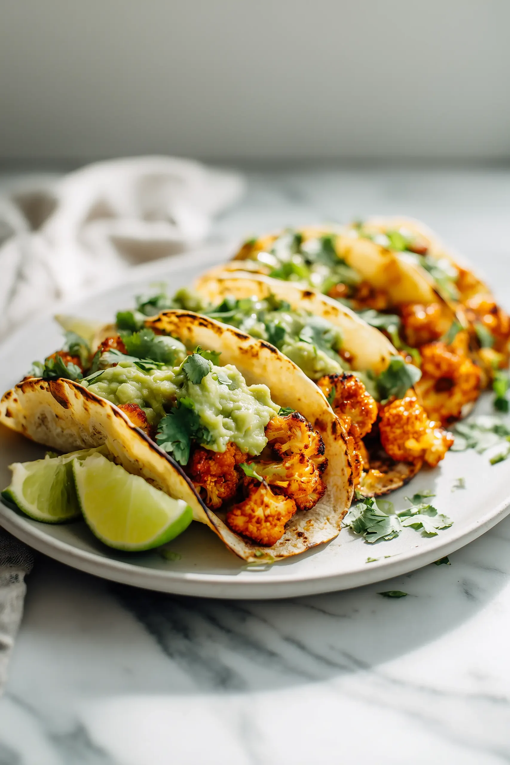 Spicy Chipotle Cauliflower Tacos with golden roasted cauliflower, avocado mash, and fresh toppings displayed on a clean plate.