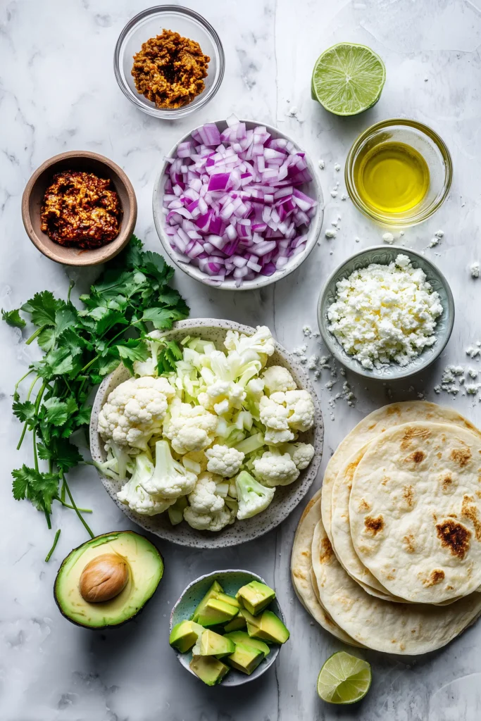 Ingredients for Spicy Chipotle Cauliflower Tacos including cauliflower, chipotle, avocado, tortillas, and toppings laid out on a bright surface.