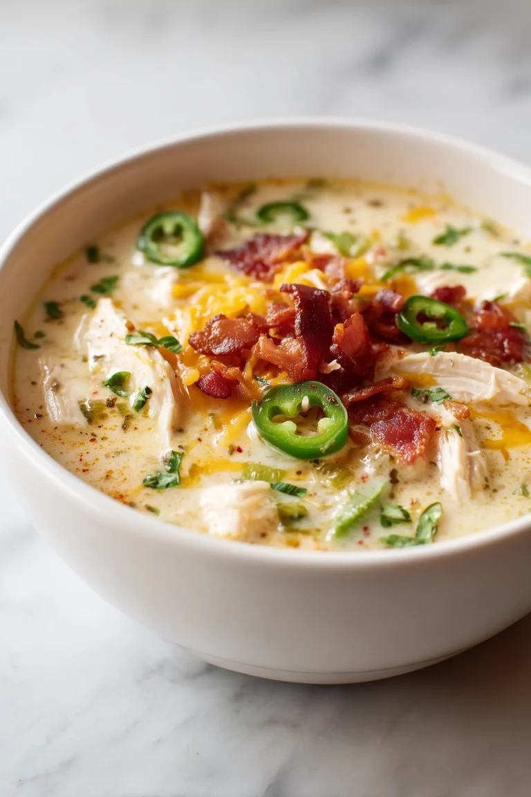 A creamy bowl of Spicy Jalapeño Popper Chicken Soup with cheese, jalapeños, chicken, and bacon on a bright background.
