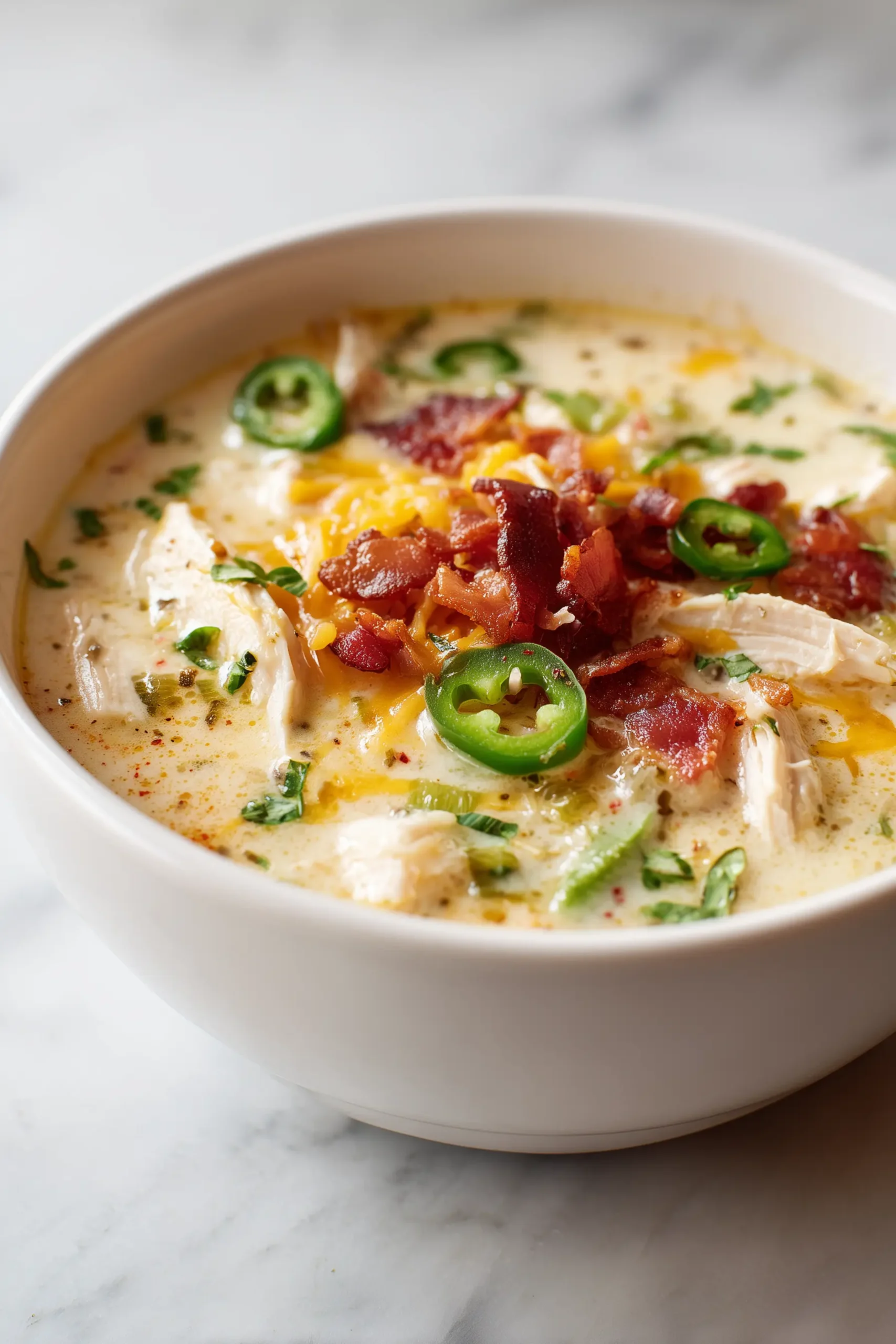 A creamy bowl of Spicy Jalapeño Popper Chicken Soup with cheese, jalapeños, chicken, and bacon on a bright background.