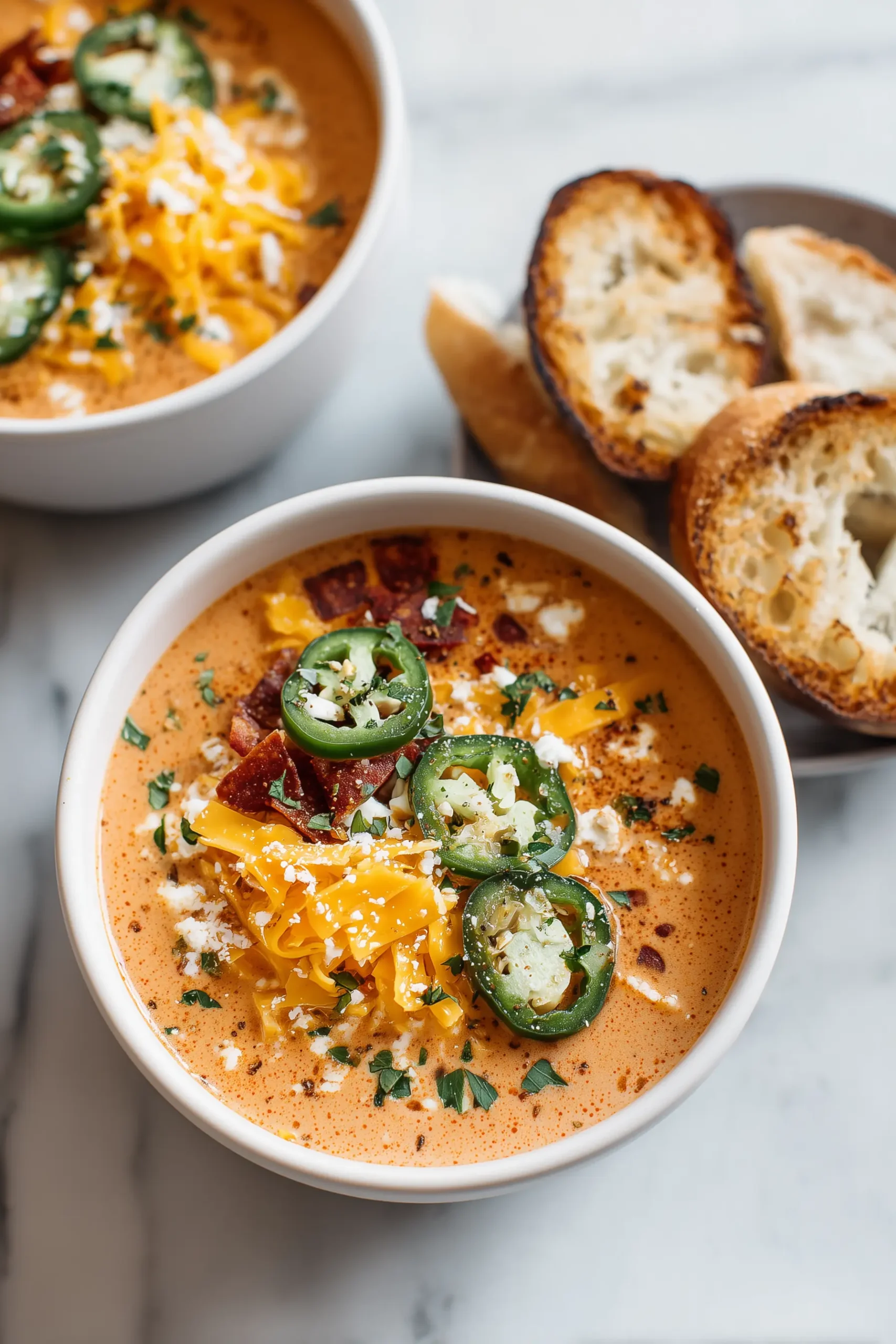 A bowl of Spicy Jalapeño Popper Chicken Soup with cheese and jalapeño slices, served with crusty bread on a white background.