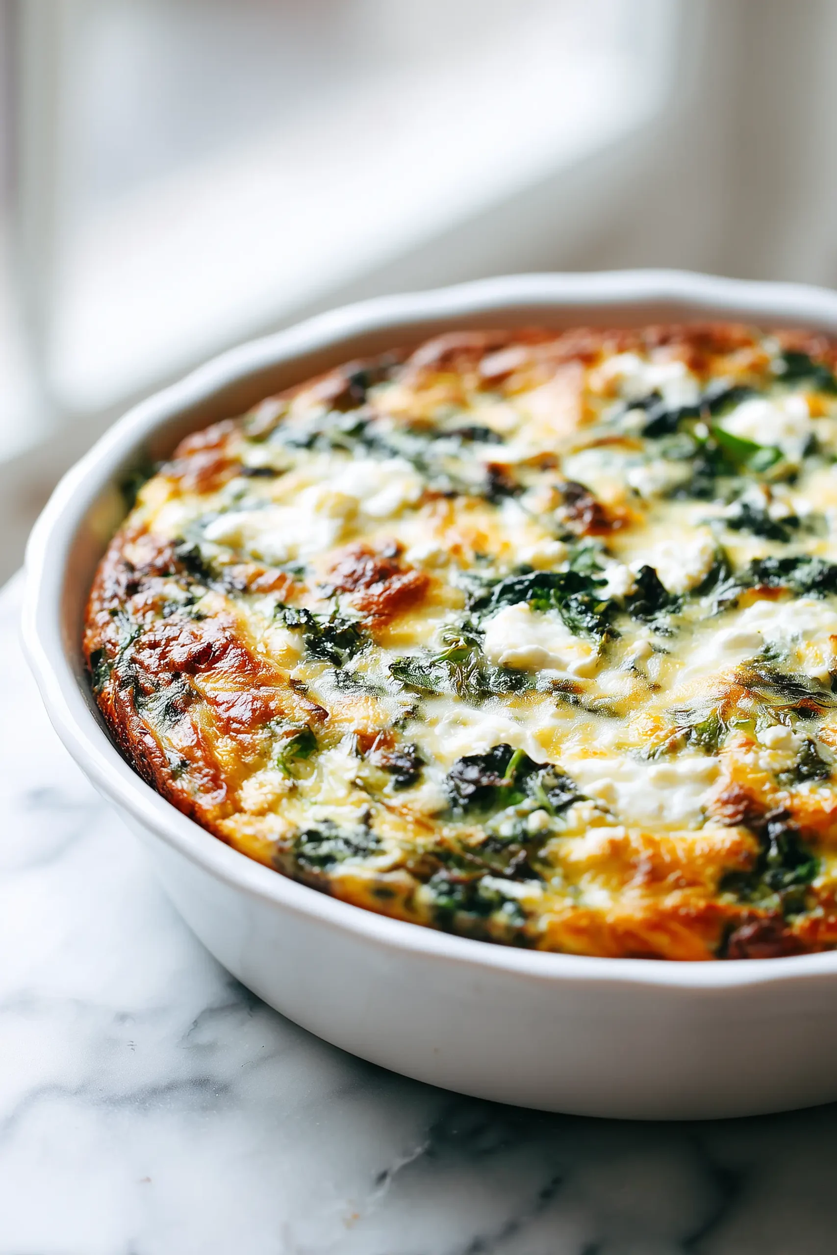 Spinach Egg Bake Golden, Fluffy, and Packed with Savory Goodness 4 Spinach Egg Bake in a white casserole dish, golden cheese and spinach visible, set on a marble countertop.