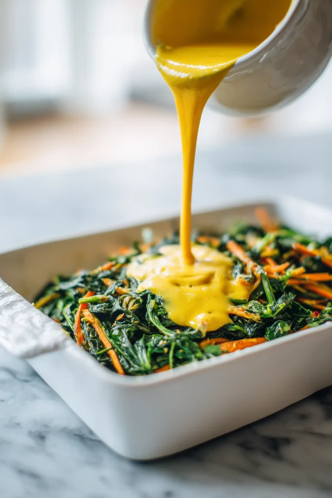 Spinach Egg Bake Golden, Fluffy, and Packed with Savory Goodness 2 Egg mixture being poured into a white dish layered with spinach and veggies for Spinach Egg Bake.