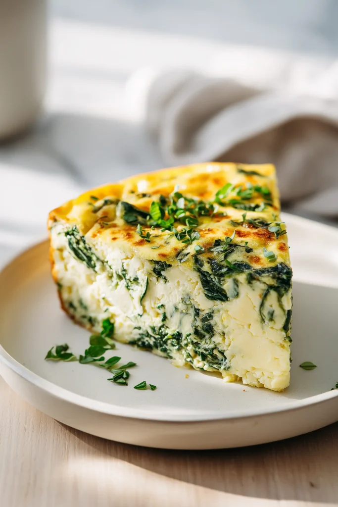 Spinach Egg Bake Golden, Fluffy, and Packed with Savory Goodness 3 A golden slice of Spinach Egg Bake with spinach and cheese layers on a white plate.