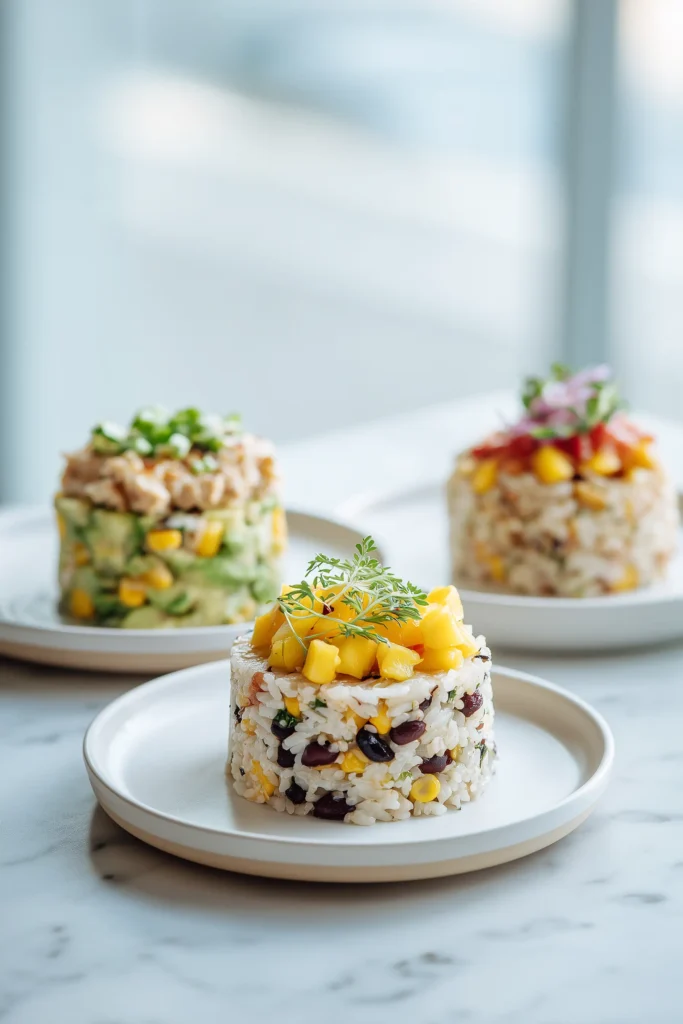 White plates with three variations of Honey Lime Chicken and Avocado Rice Stack, some topped with mango, black beans, or pickled onions.
