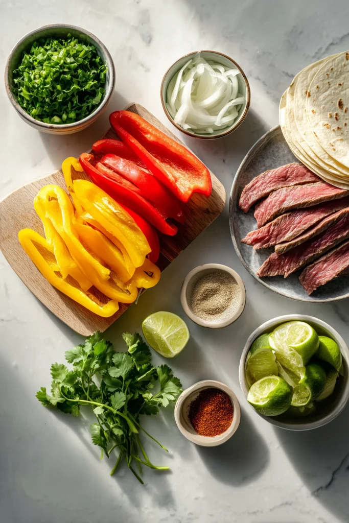 Skillet Steak Fajitas 2 Prep area with steak, peppers, onions, and seasonings for Skillet Steak Fajitas.