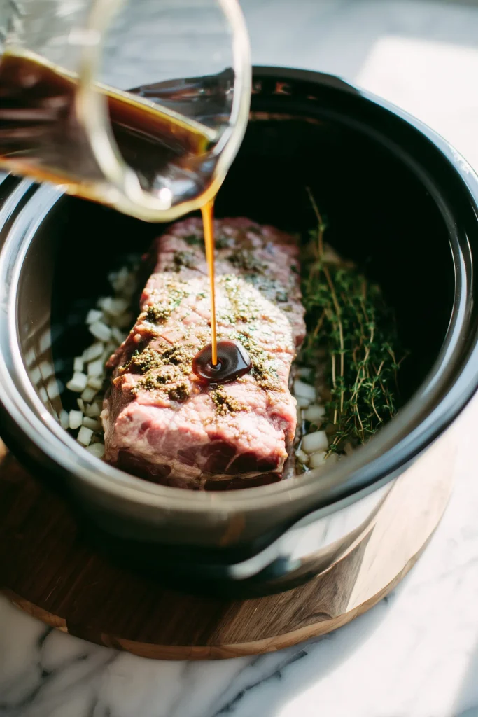 Slow Cooker Pork Loin with Balsamic Glaze 3 Pork loin in a slow cooker on a bed of onions and herbs, with balsamic glaze being poured over, shot on pale wood.