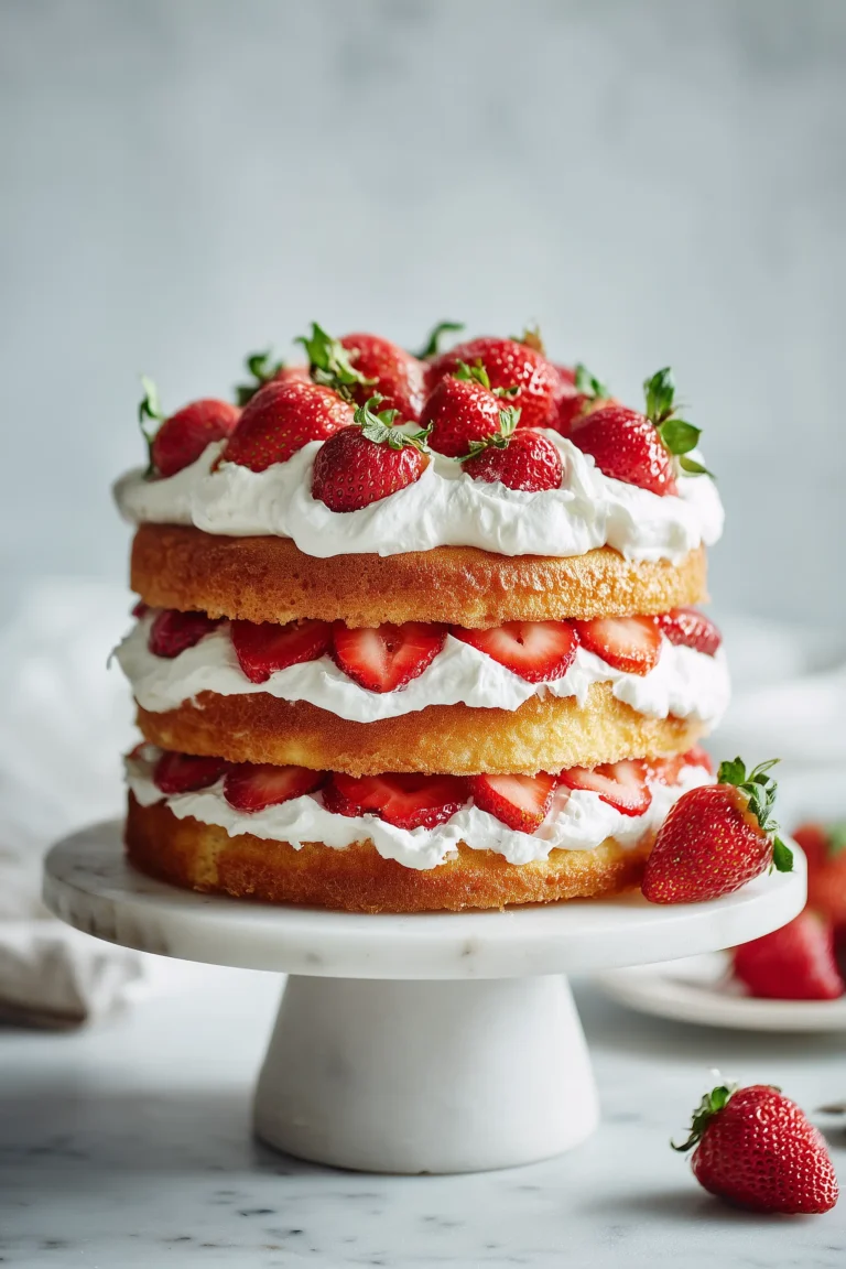Strawberry Shortcake Cake with layers of cake, whipped cream, and fresh strawberries on a marble stand.