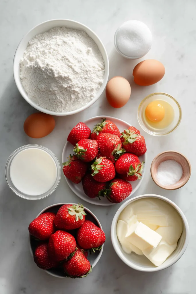 Ingredients for Strawberry Shortcake Cake, including fresh strawberries, flours, eggs, and cream, arranged on a marble surface.
