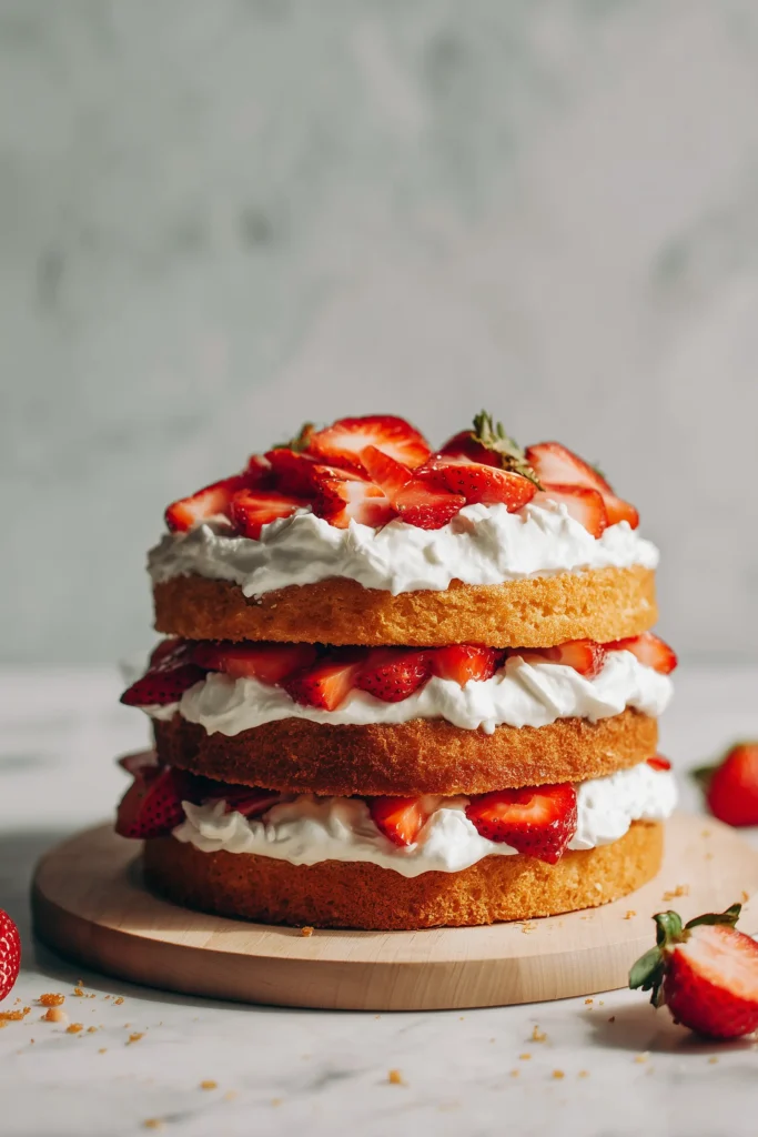 Layers of Strawberry Shortcake Cake being assembled with whipped cream and strawberries on a wooden board.