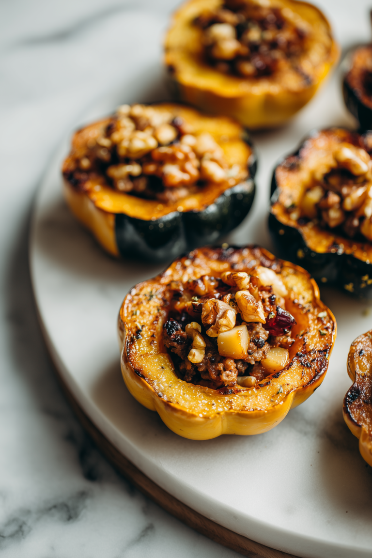 Bright, close-up view of Stuffed Acorn Squash Rings with sausage and apple filling, showing golden brown edges and colorful textures.